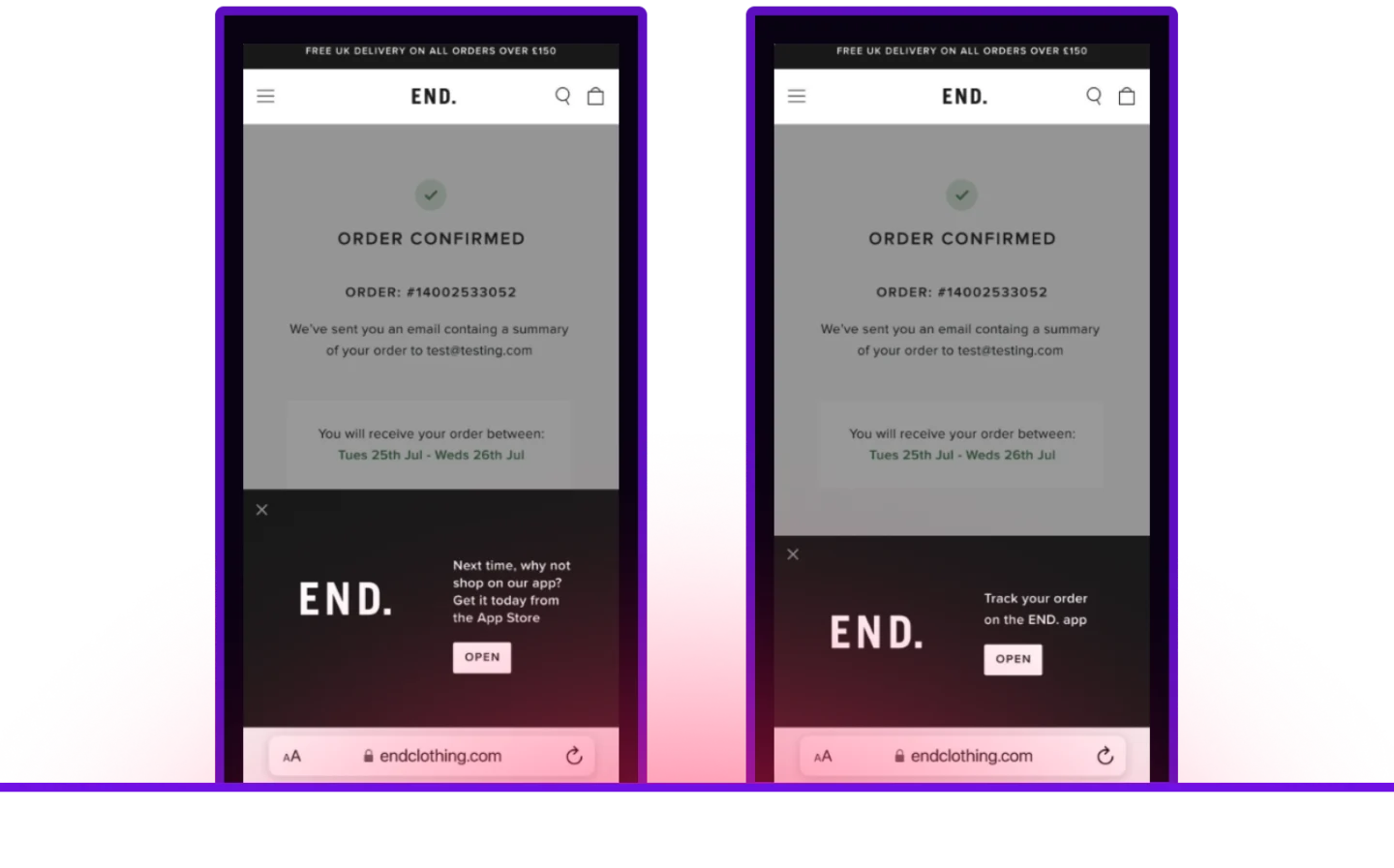 Two mobile browser screenshots of an END. order confirmation page. The left screen shows a banner prompting users to shop on the app. The right screen shows a banner prompting users to track their order on the app.