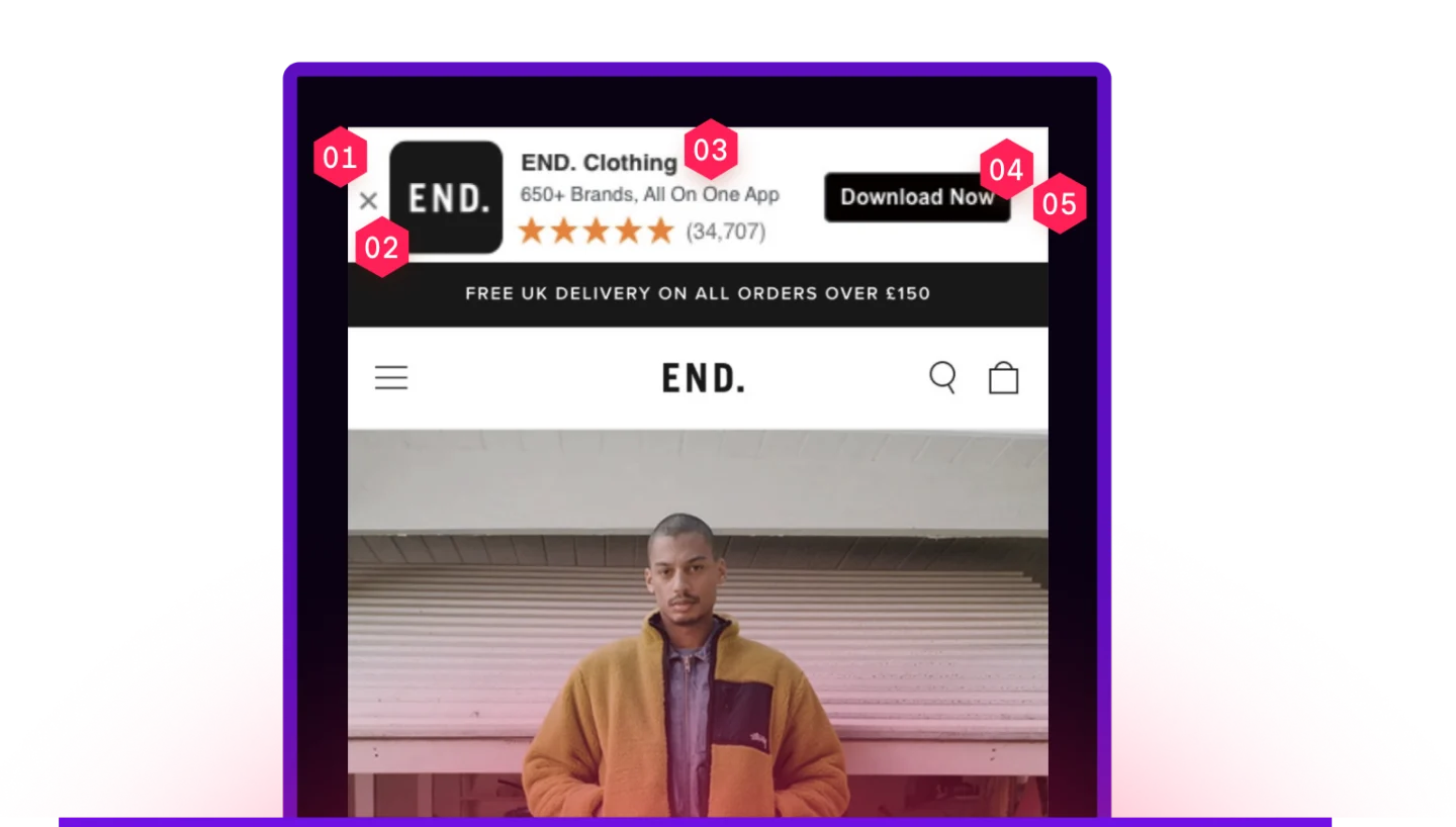 Mobile browser screenshot of the END. website with a smart app banner at the top, numbered 01 through 05 to call out its logo, rating, brand name, and download button.