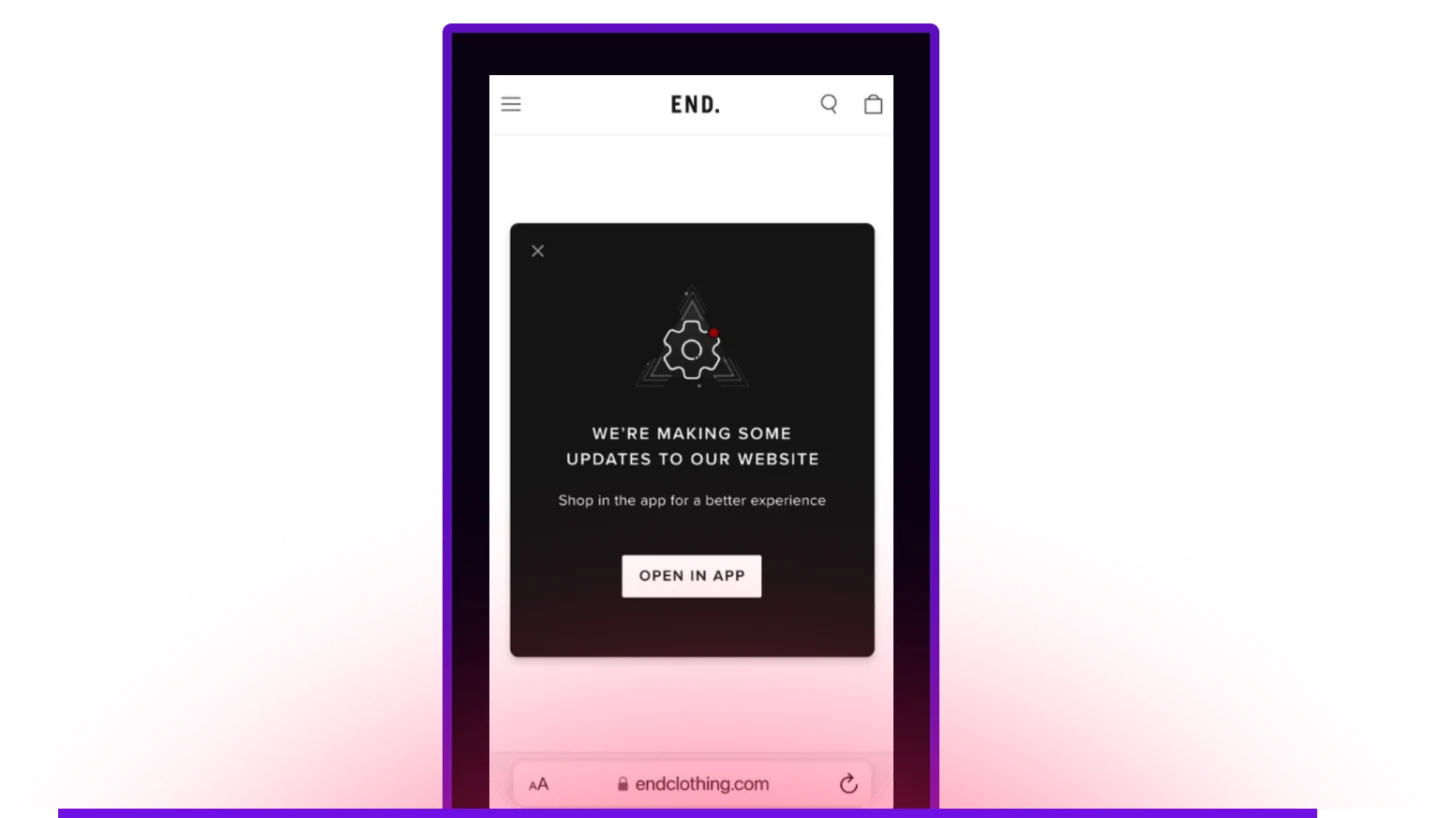 Mobile browser screenshot of the END. website showing a full-screen modal that reads "We're making some updates to our website. Shop in the app for a better experience," with an "Open in App" button.