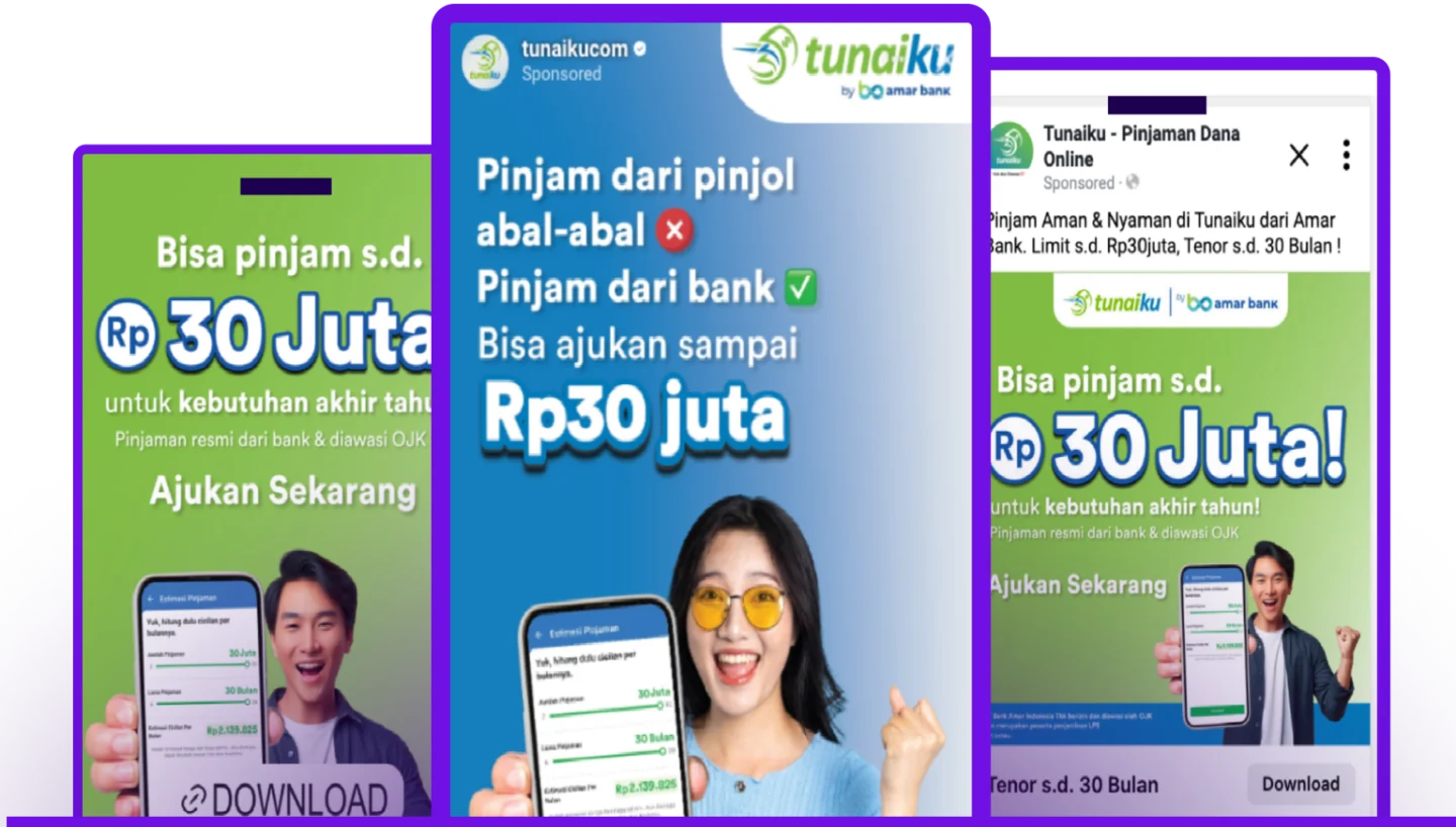 Three images of Tunaiku digital ads with deep-linked CTAs to download the Tunaiku app. 