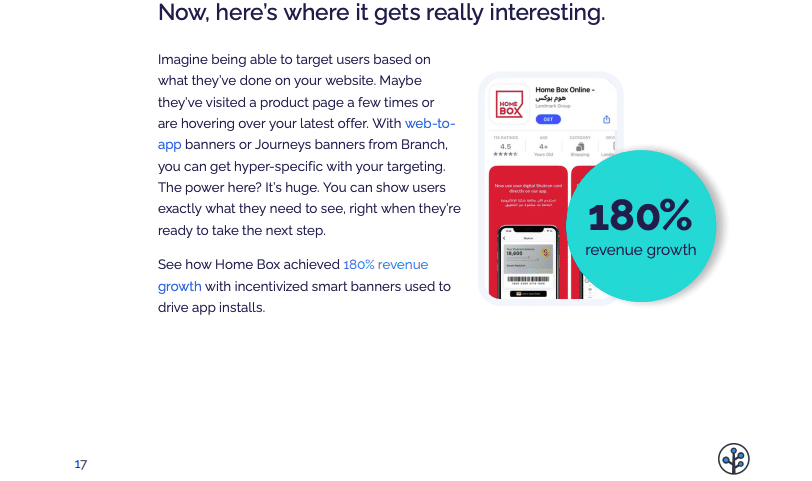 Slide highlighting targeted web-to-app strategies, featuring a mobile app screen and a callout showing 180% revenue growth from incentivized smart banners.