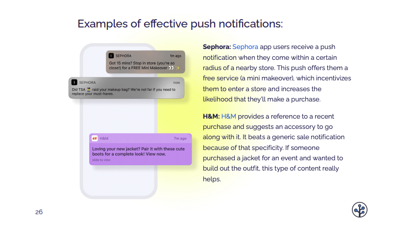 Slide showing examples of effective push notifications from Sephora and H&M, highlighting personalized, location-based, and purchase-based messaging strategies.