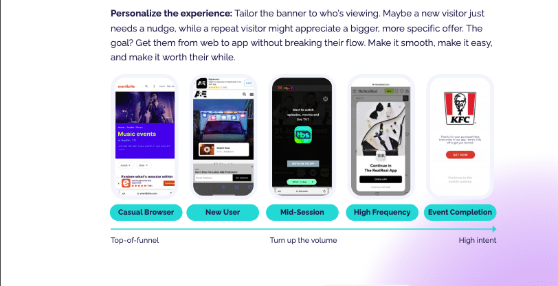 Slide illustrating personalized web-to-app banner experiences across user stages, from casual browser to high-intent event completion, with example mobile screens.