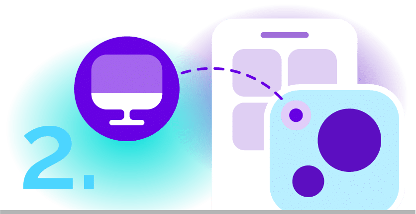 A graphic labeled "2" shows a bubble with a drawing of a desktop computer highlighted on a smartphone screen.