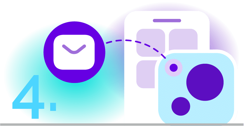 A graphic labeled "4" shows a bubble with a mail icon highlighted on a smartphone screen.