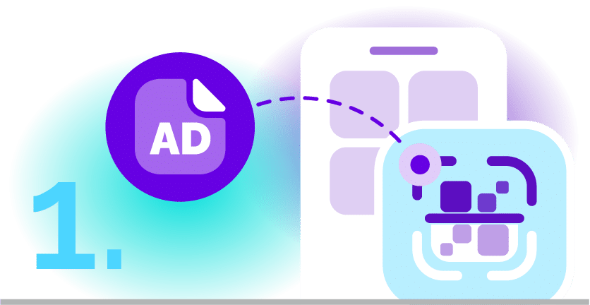 A graphic labeled "1" shows a bubble labeled "ad" highlighted on a smartphone screen.