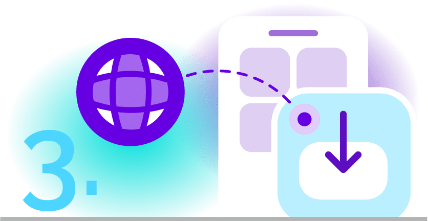 A graphic labeled "3" shows a bubble with a sphere highlighted on a smartphone screen.