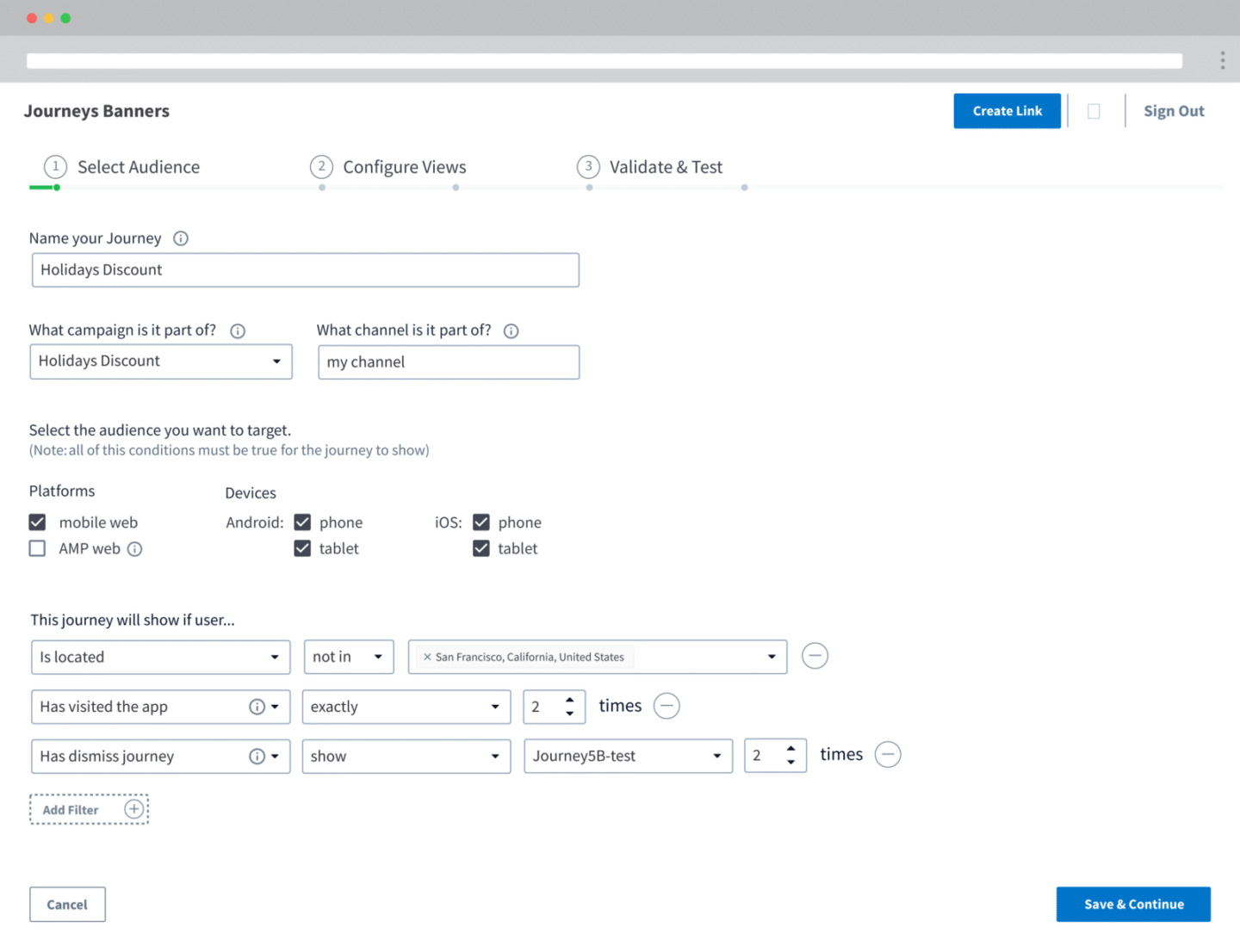 Journeys banner setup screen showing audience selection options, including platform, device, location, and behavior filters, with fields to configure and save the campaign.