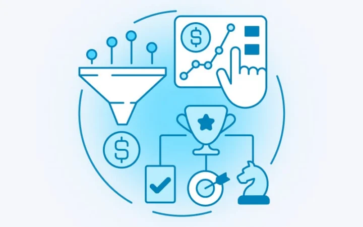 Illustration of post-install engagement and revenue growth, featuring a funnel, analytics chart, trophy, and target icons.