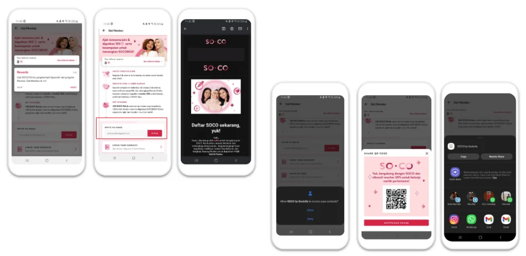 Series of mobile app screens showing a referral flow, including invite options, contact permissions prompt, QR code sharing, and social share menu.