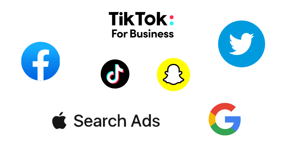 Facebook, TikTok, Snapchat, X (with old Twitter logo) Apple, and Google logos