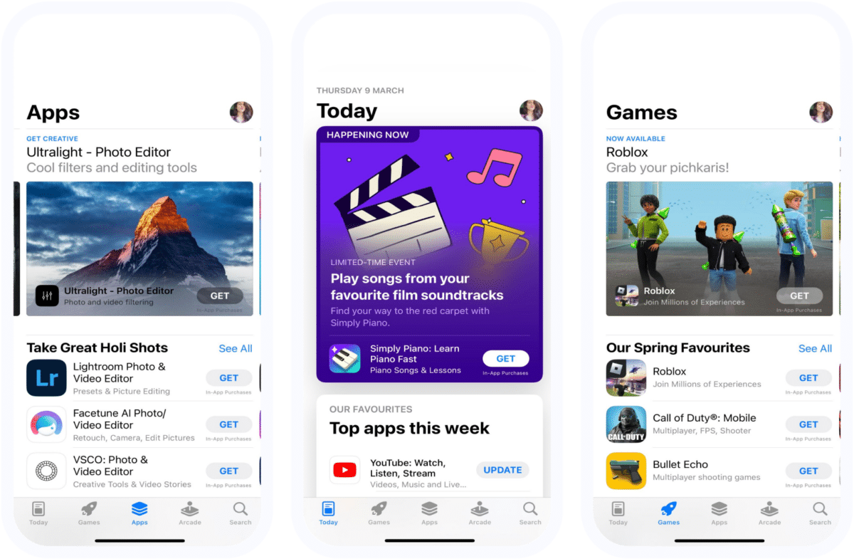 Additional illustrations of the Apple app store on iPhone devices