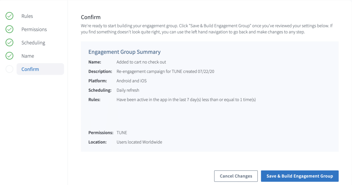 Engagement group confirmation screen showing a summary of campaign name, description, platform, scheduling, rules, permissions, and location with option to save and build the group.