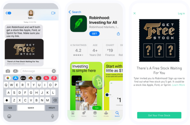 Illustrations of cellphones on a text thread, the robinhood app store page, and an advertisement on robinhood