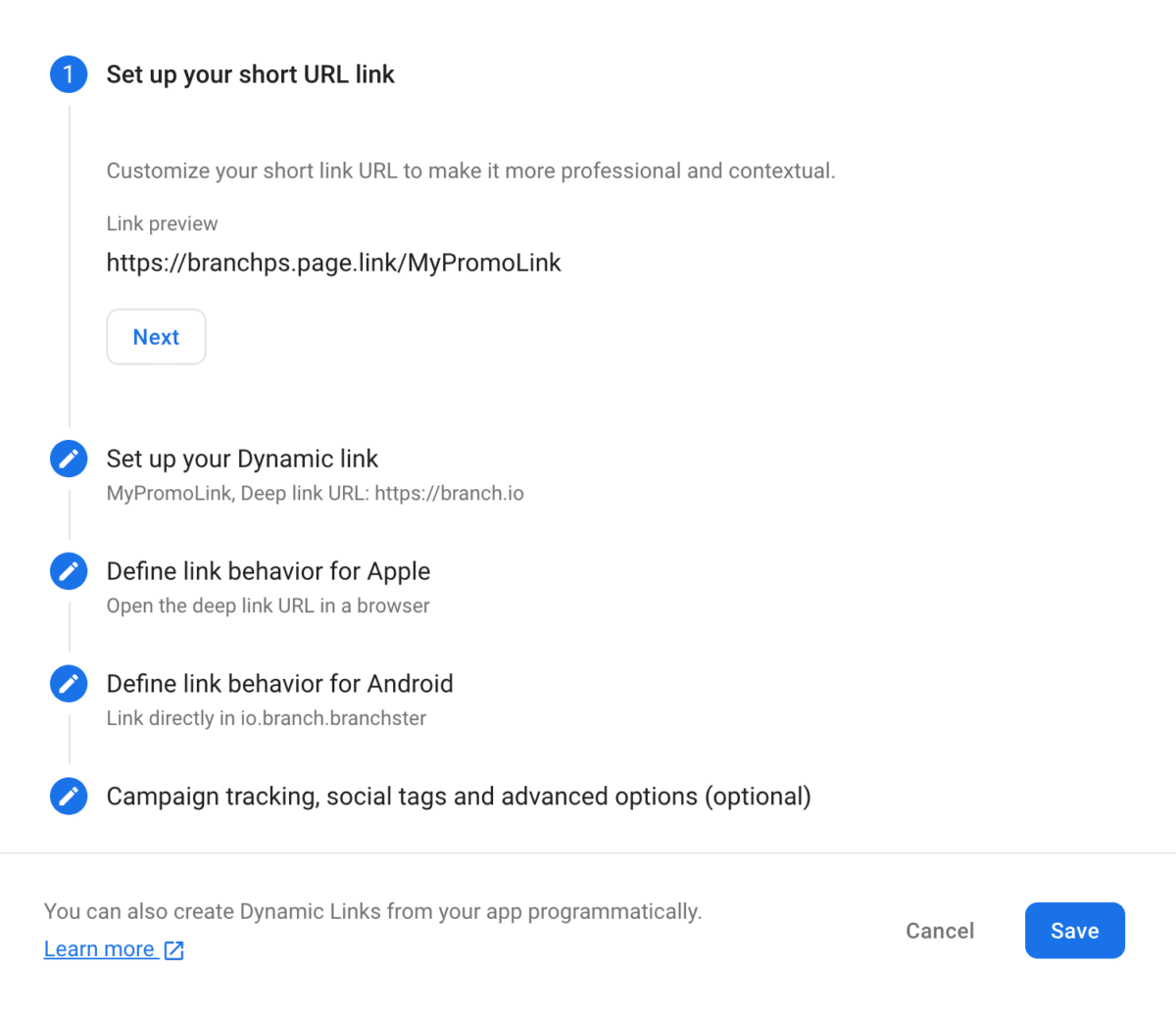 Screenshot of the dashboard of setting up links on Branch
