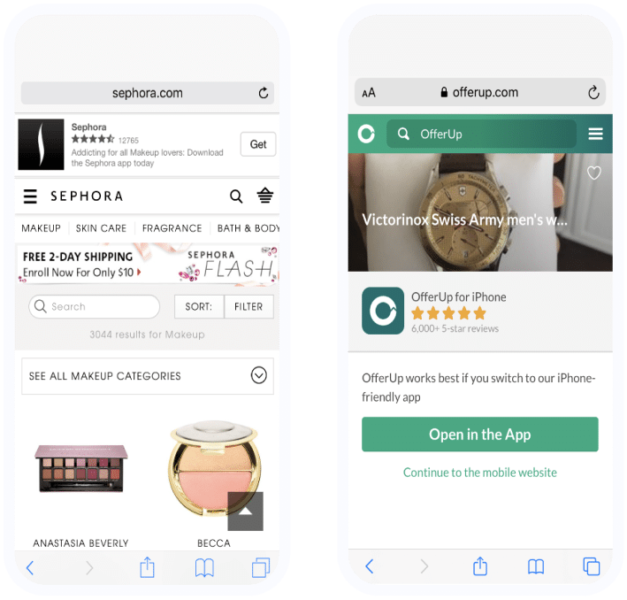 Screengrab of sephora website and offerup website on iPhone advertising their apps