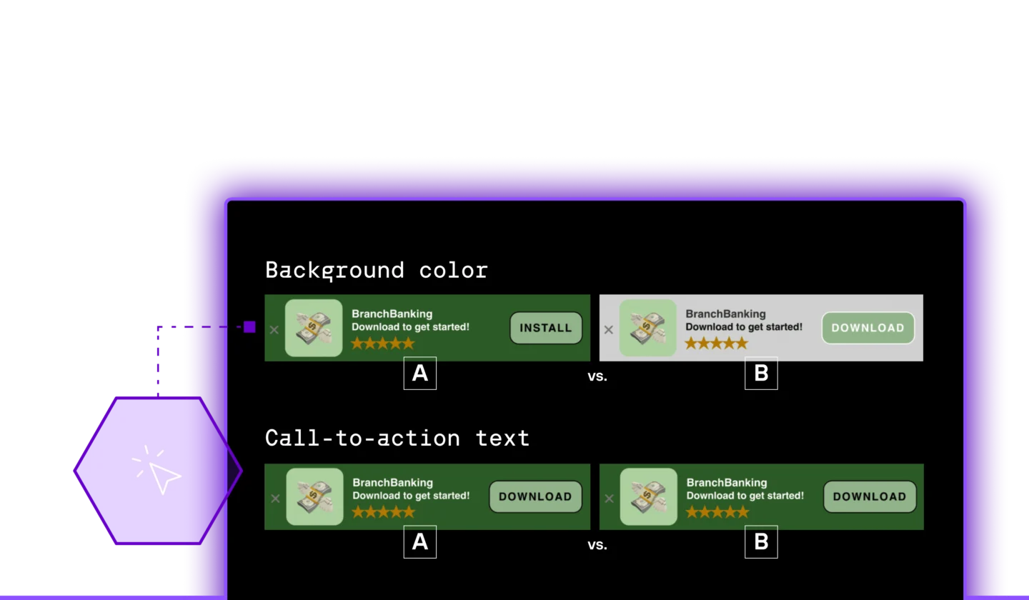 Examples of A/B testing for background color, of green vs. gray, and call-to-action text, of “download” vs. “install”