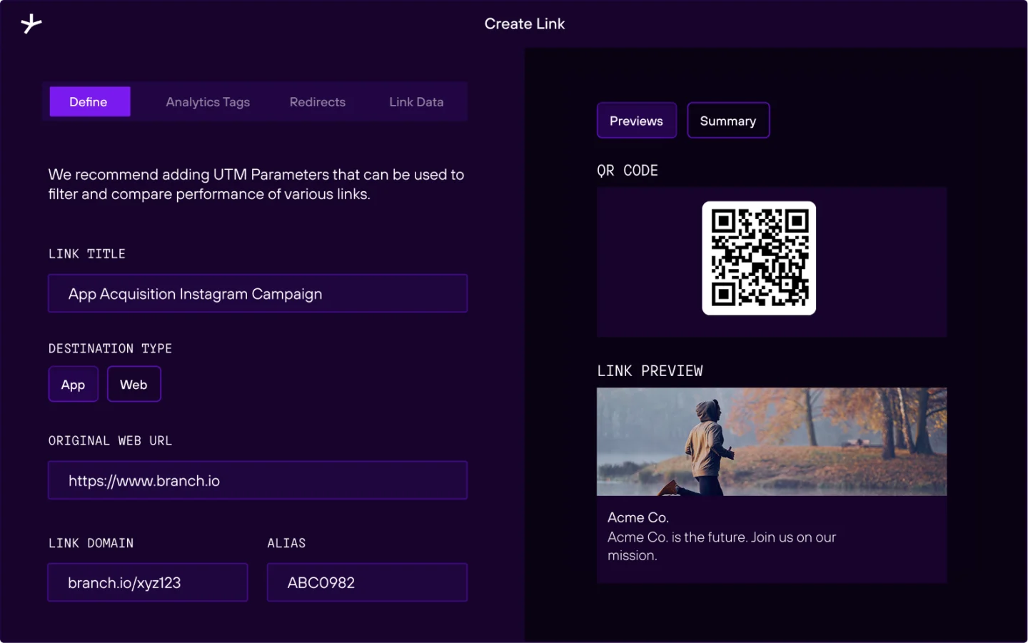 A gif illustrating how to create custom QR codes within Branch, selecting code patterns, colors, and a center logo before clicking “Create QR Code Now”