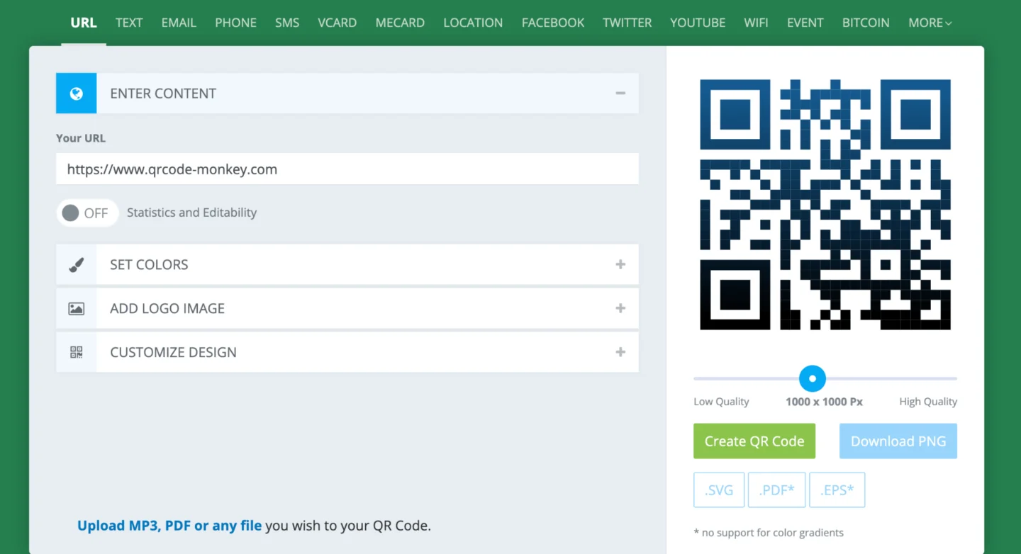 QR code creation tool found on the homepage of QRCode Monkey. (QRCode Monkey homepage)
