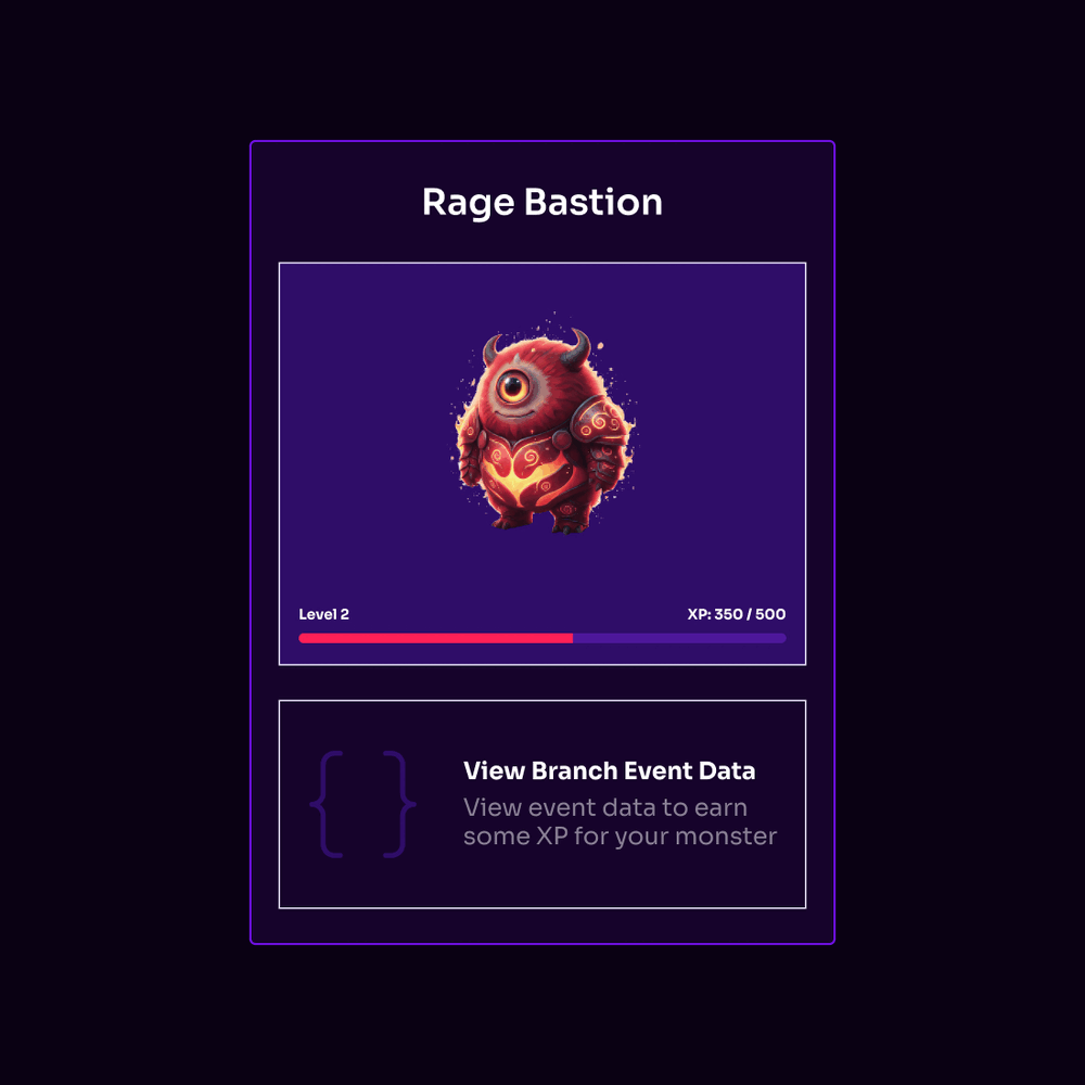 Branch Monster Factory app screen showing a red, armored one-eyed monster named "Rage Bastion" at Level 2 with 350/500 XP displayed on a progress bar. Below the monster illustration is a prompt card reading "View Branch Event Data – View event data to earn some XP for your monster."