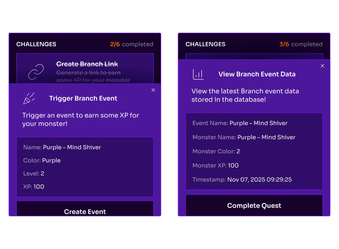 Two side-by-side screenshots of the Branch Monster Factory app showing challenge modals. Left modal: "Trigger Branch Event" with monster stats for Purple – Mind Shiver (Color: Purple, Level: 2, XP: 100) and a "Create Event" button. Right modal: "View Branch Event Data" displaying stored event data for Purple – Mind Shiver including Monster XP: 100 and timestamp, with a "Complete Quest" button. The challenges panel shows 2/6 and 3/6 completed respectively.