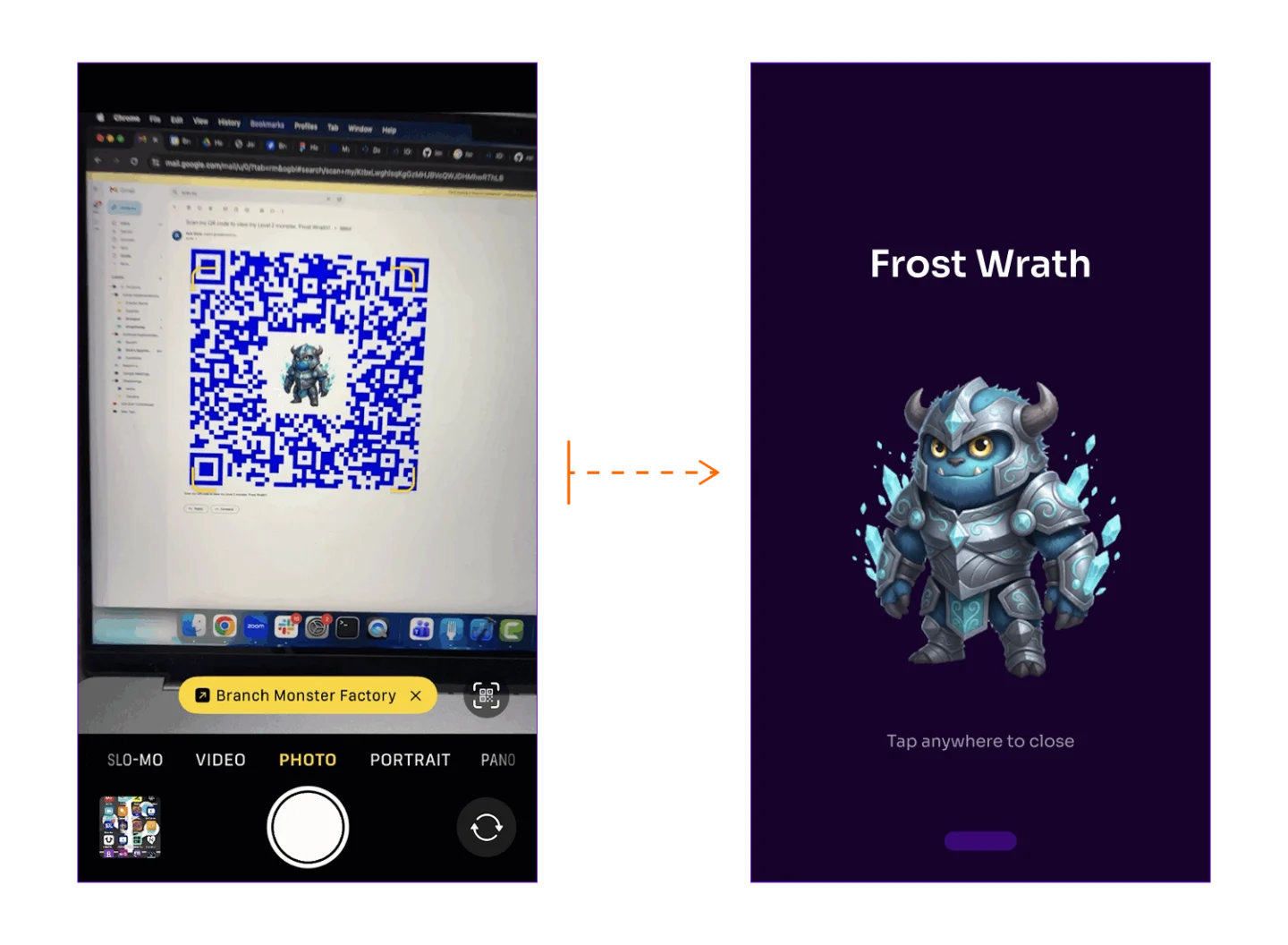 Two-panel diagram showing a Branch deep link in action. Left panel: iPhone camera scanning a QR code displayed in a Gmail message. Right panel: The resulting deep-linked experience opening the Branch Monster Factory app to display a blue armored monster named "Frost Wrath" with the prompt "Tap anywhere to close."
