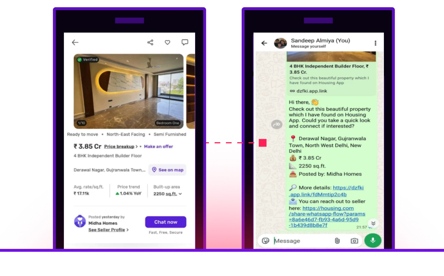 Side-by-side view of a Housing.com property listing and the same listing shared as a Branch deep link in WhatsApp, showing property details, price, and a direct link to the seller.